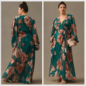 Anthropologie Hutch Floral V-Neck Textured Wrap Maxi Dress Burnout Teal - Large